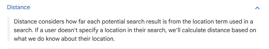 Google documentation screenshot for Distance ranking factor