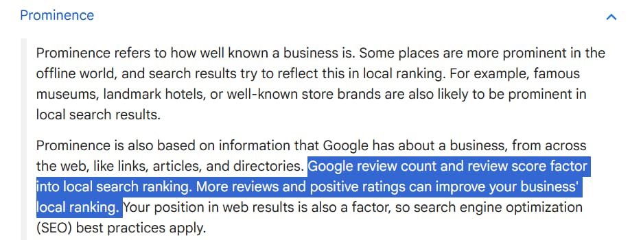 Google documentation for reviews in prominence ranking factor