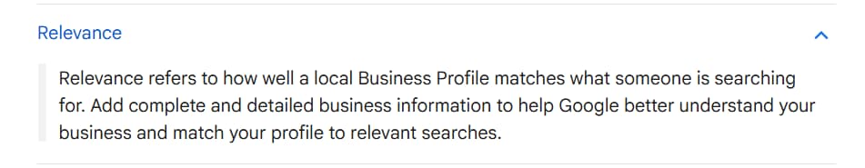 Google documentation screenshot for relevance ranking factor